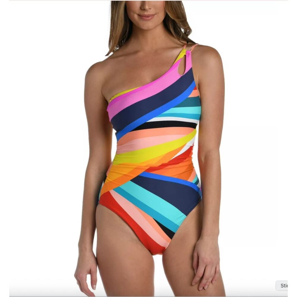 La Blanca MULTI Sunscape Stripe One-Shoulder One-Piece Swimsuit Size 4 NEW NWT